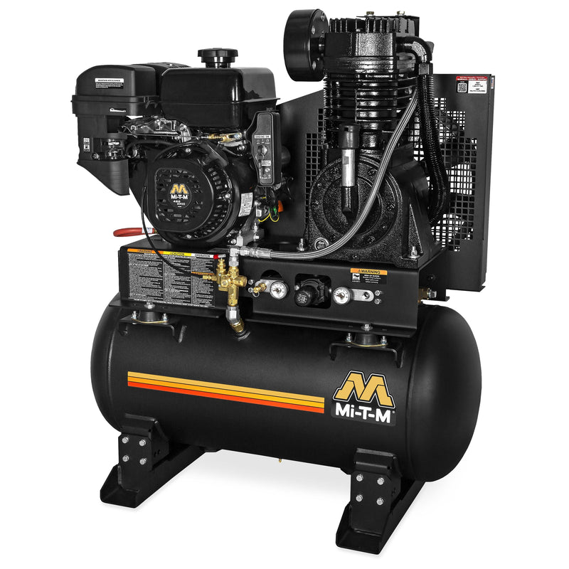 Mi-T-M Two Stage Gasoline Stationary Air Compressor -175 PSI @ 29.0 CFM - 30 gal - Pneumatic - 420cc Mi-T-M OHV