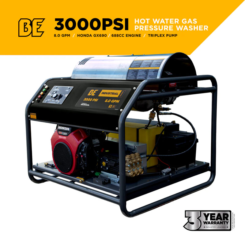 BE 3000PSI @ 8.0 GPM Honda GX690 General Pump TSF2021 Belt Drive Hot Water Pressure Washer