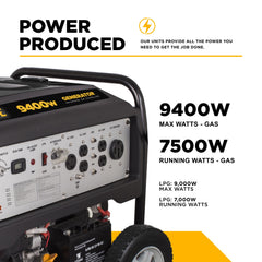 BE 9400 Watt Generator Duel Fuel 459cc Powerease with Gas and Propane