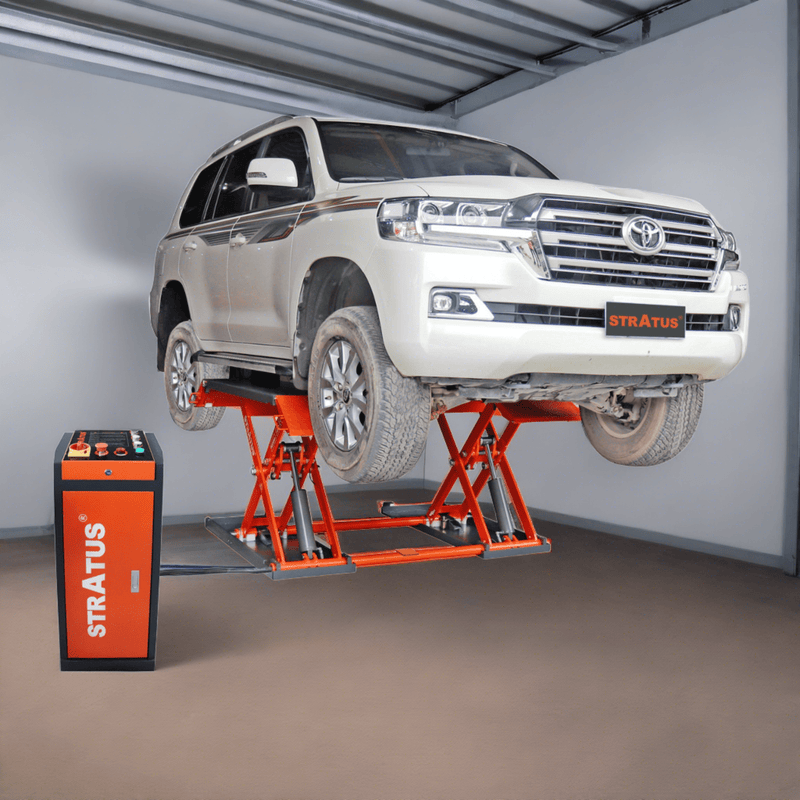 Stratus | SAE-MS9000X Extra Wide Commercial Grade Open Center Mobile Mid Rise Electric Safety Lock Release Scissor Vehicle Lift