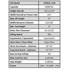 Tuxedo TP9KAC-TUX 9,000 lb Two Post Clear Floor - Asymmetric